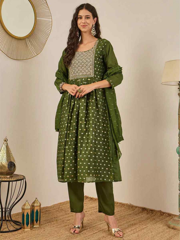 Image of Mehendi Chanderi modal Embroidery Party Wedding Festival Casual Ready Anarkali Pant Salwar Kameez