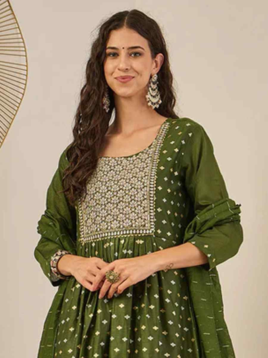 Mehendi Chanderi modal Embroidery Party Wedding Festival Casual Ready Anarkali Pant Salwar Kameez