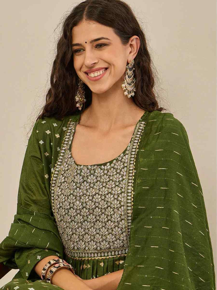 Mehendi Chanderi modal Embroidery Party Wedding Festival Casual Ready Anarkali Pant Salwar Kameez