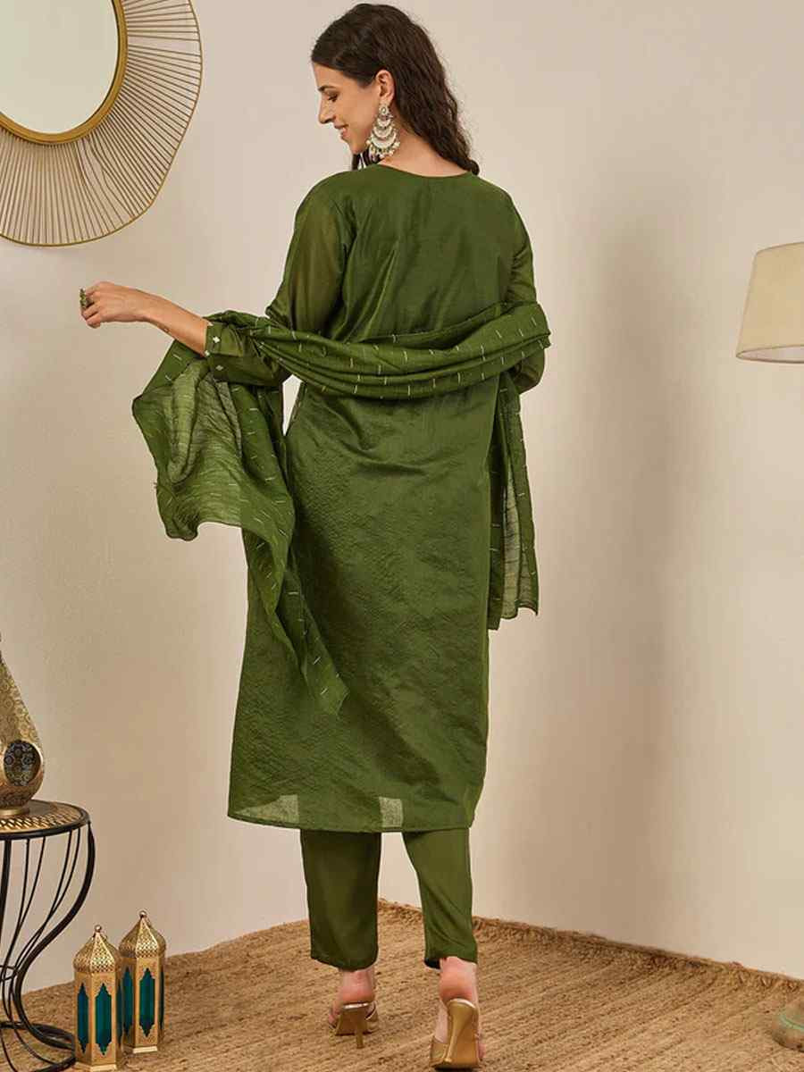 Mehendi Chanderi modal Embroidery Party Wedding Festival Casual Ready Anarkali Pant Salwar Kameez