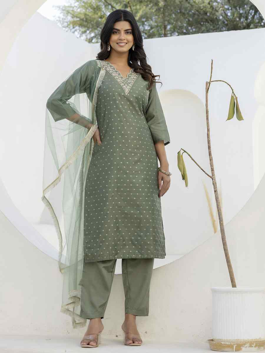 Mehendi Chanderi Silk Embroidery Party Wedding Festival Casual Ready Pant Salwar Kameez