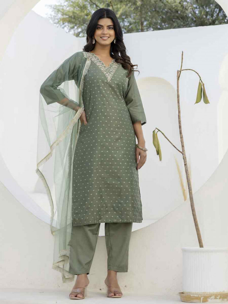 Image of Mehendi Chanderi Silk Embroidery Party Wedding Festival Casual Ready Pant Salwar Kameez
