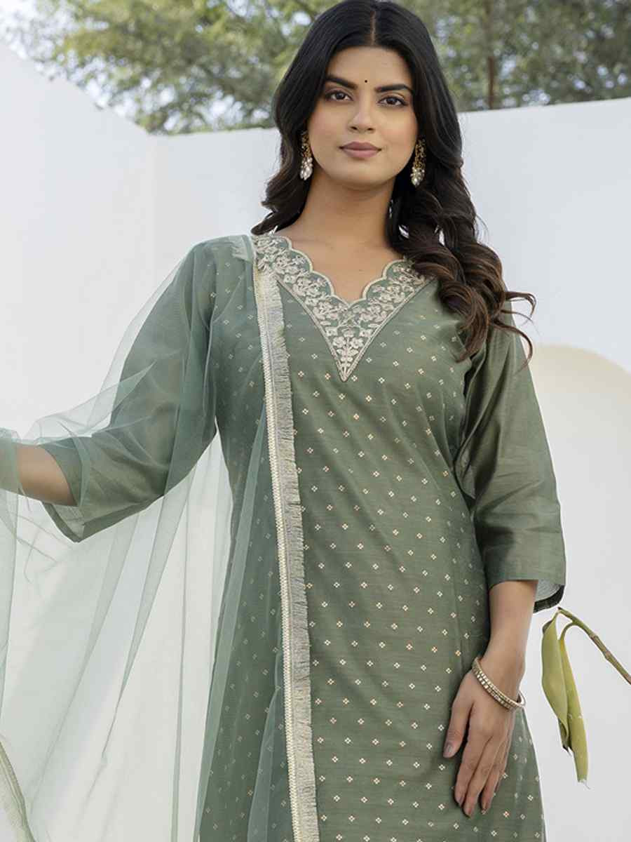 Mehendi Chanderi Silk Embroidery Party Wedding Festival Casual Ready Pant Salwar Kameez