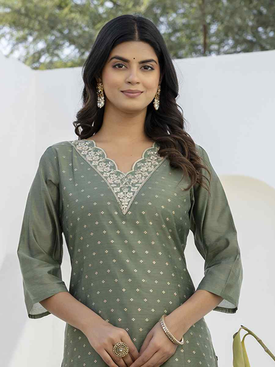 Mehendi Chanderi Silk Embroidery Party Wedding Festival Casual Ready Pant Salwar Kameez