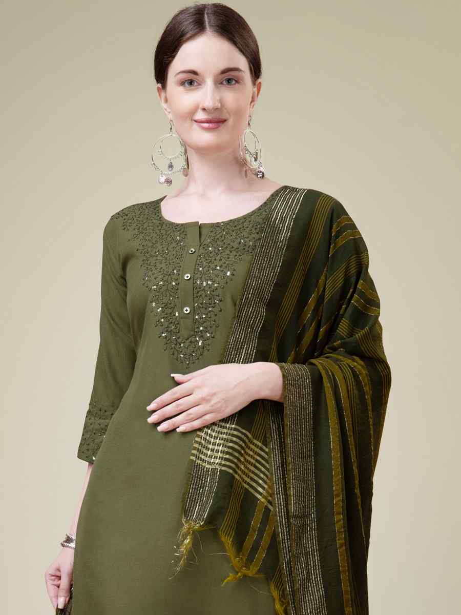 Mehendi Cotton Blend Embroidered Festival Casual Ready Pant Salwar Kameez
