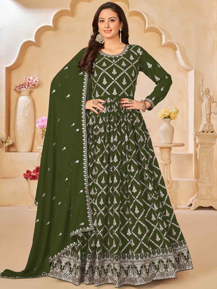 Mehendi Faux Georgette Embroidered Festival Wedding Anarkali Salwar Kameez