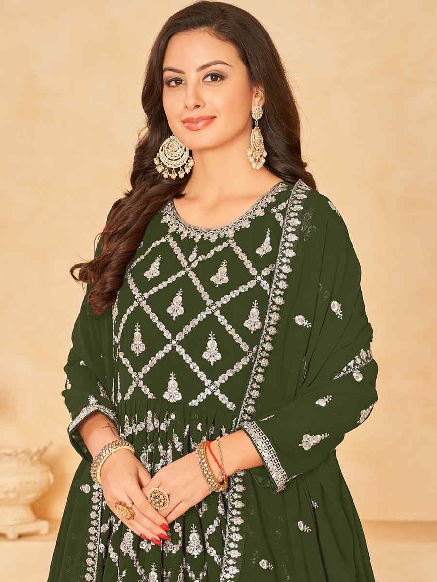 Mehendi Faux Georgette Embroidered Festival Wedding Anarkali Salwar Kameez