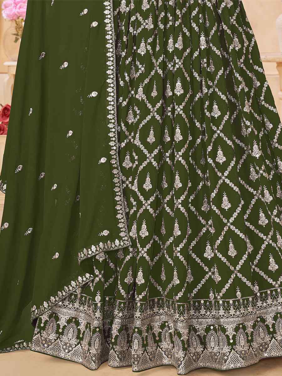 Mehendi Faux Georgette Embroidered Festival Wedding Anarkali Salwar Kameez