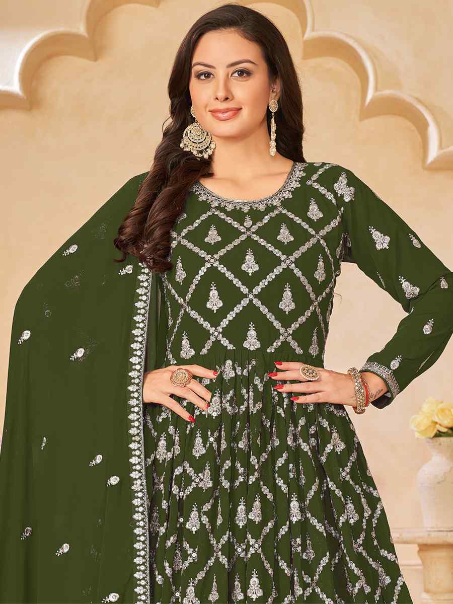 Mehendi Faux Georgette Embroidered Festival Wedding Anarkali Salwar Kameez