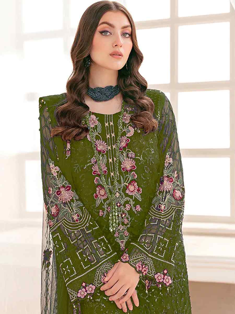 Mehendi Georgette Embroidered Festival Party Pant Salwar Kameez
