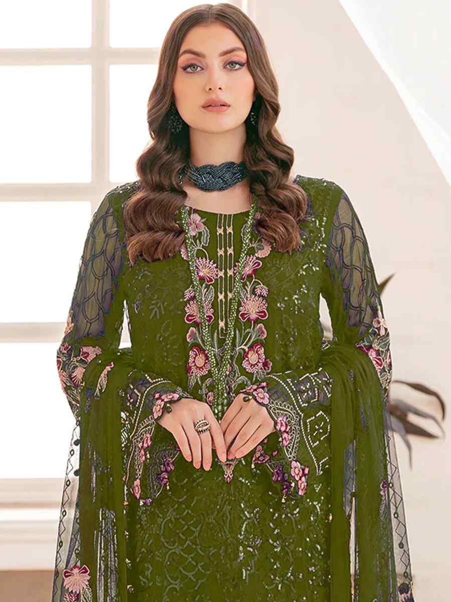 Mehendi Georgette Embroidered Festival Party Pant Salwar Kameez