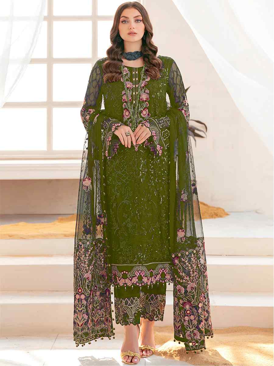 Mehendi Georgette Embroidered Festival Party Pant Salwar Kameez
