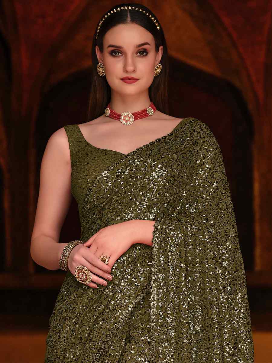 Mehendi Georgette Sequins Party Festival Classic Style Saree