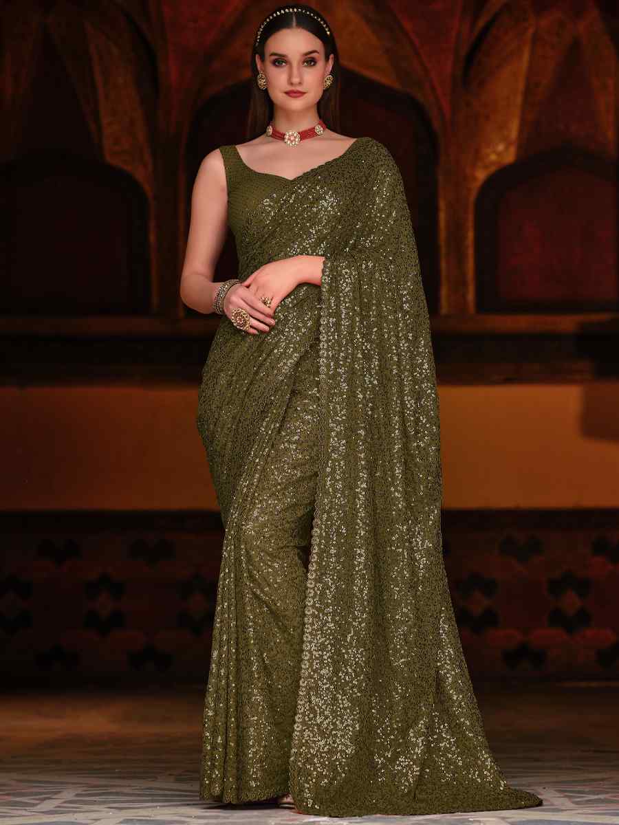 Mehendi Georgette Sequins Party Festival Classic Style Saree
