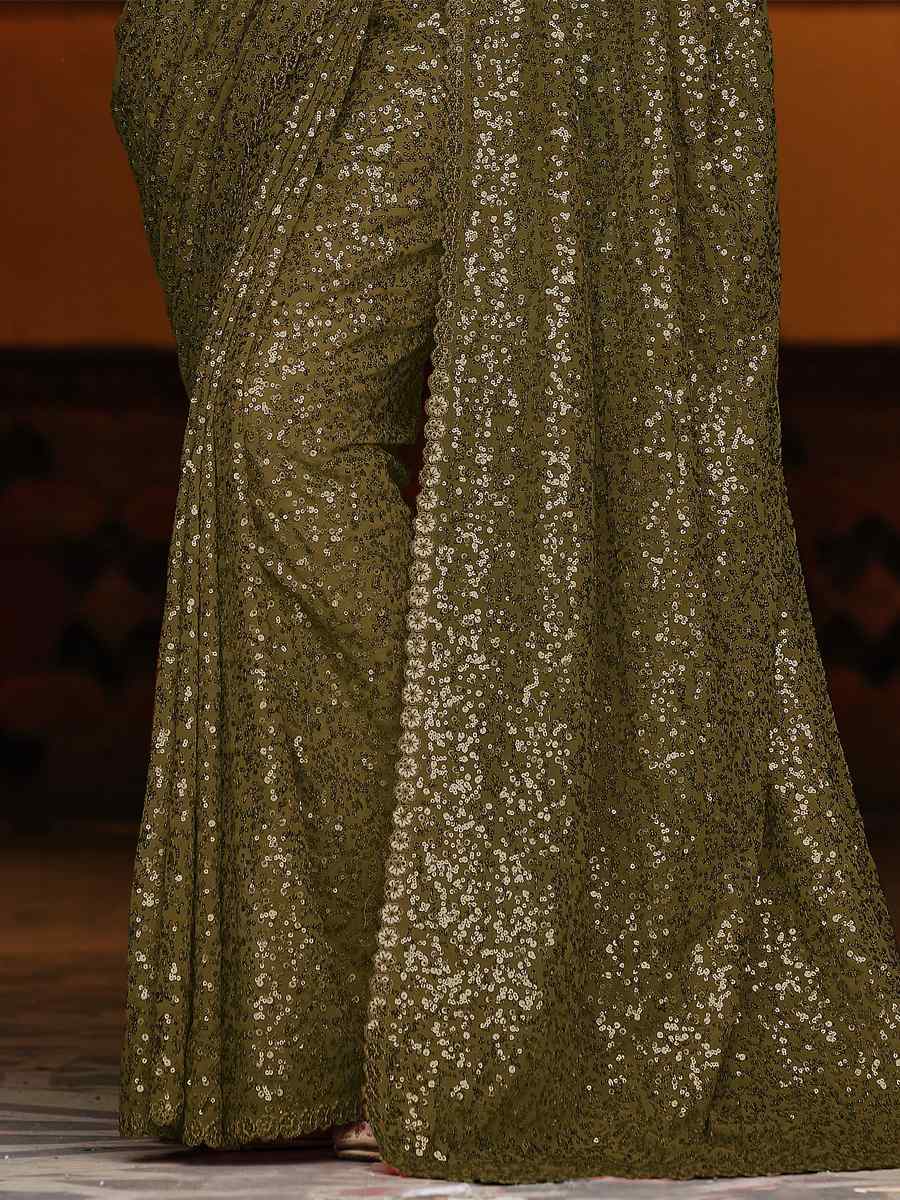 Mehendi Georgette Sequins Party Festival Classic Style Saree