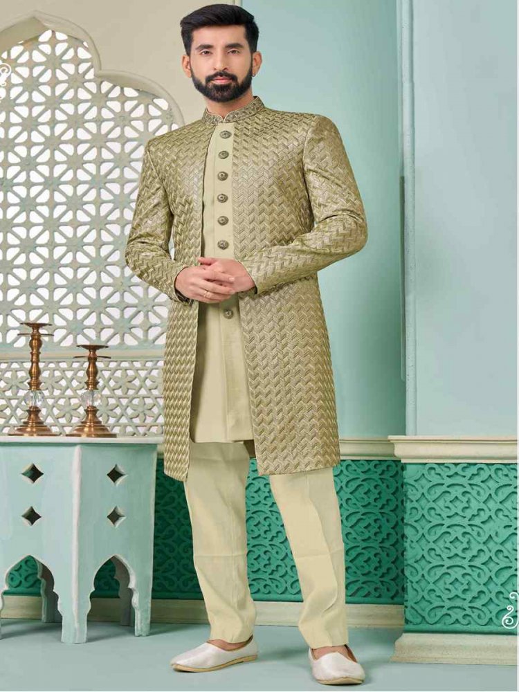 Mehendi Green Art Banarasi Silk Embroidered Festival Wedding Sherwani