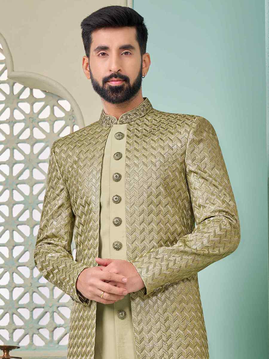 Mehendi Green Art Banarasi Silk Embroidered Festival Wedding Sherwani