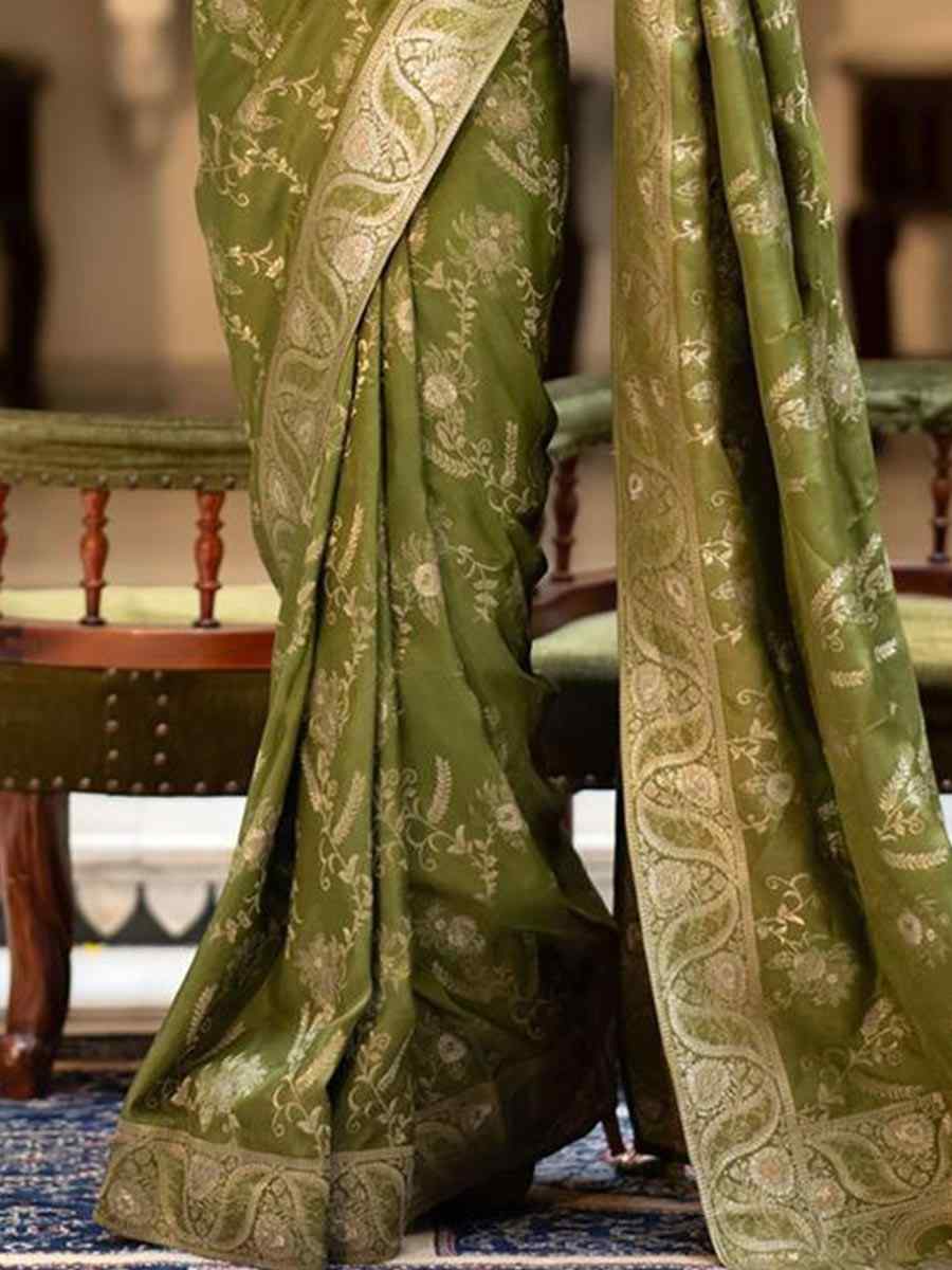 Mehendi Green Banarasi Soft Silk Handwoven Wedding Festival Heavy Border Saree