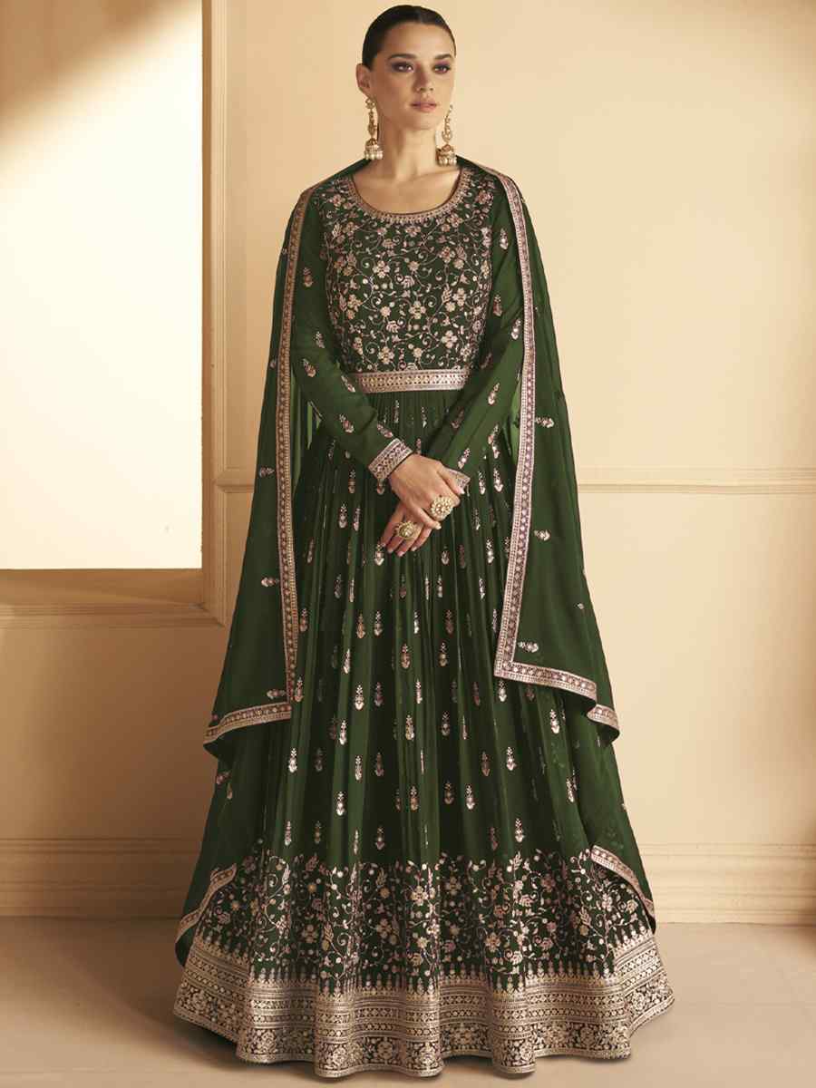 Mehendi Green Blomming Vichitra Georgette Embroidered Festival Wedding Anarkali Salwar Kameez
