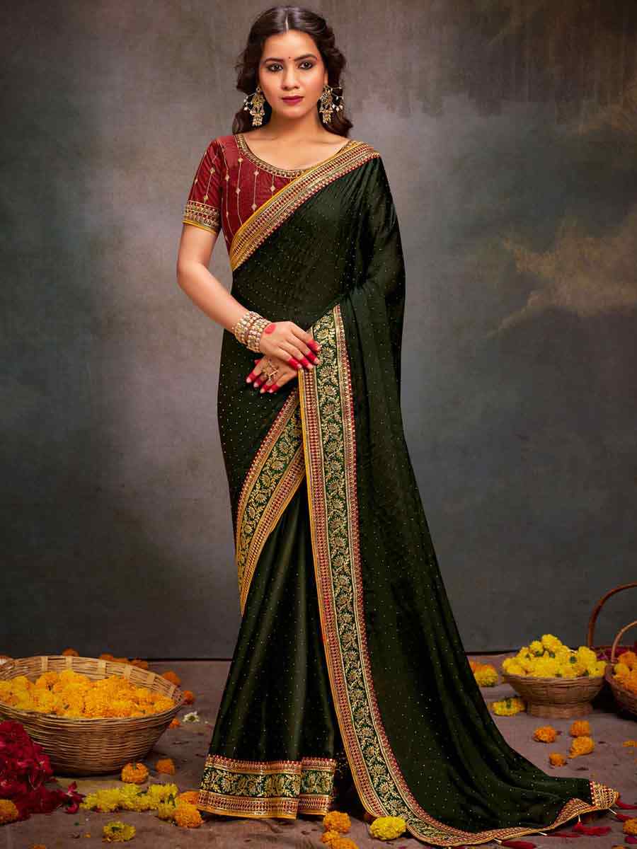 Mehendi Green Bsy Satin Embroidered Festival Wedding Heavy Border Saree