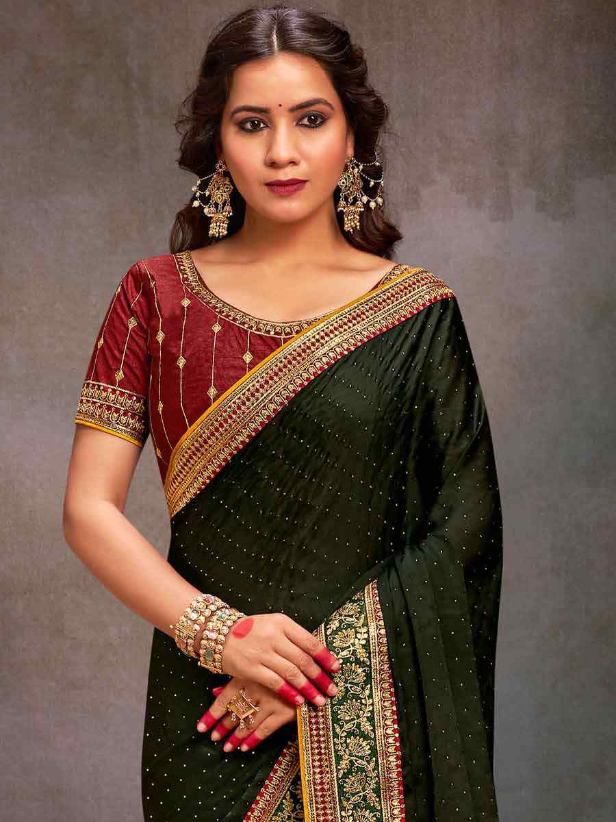 Mehendi Green Bsy Satin Embroidered Festival Wedding Heavy Border Saree