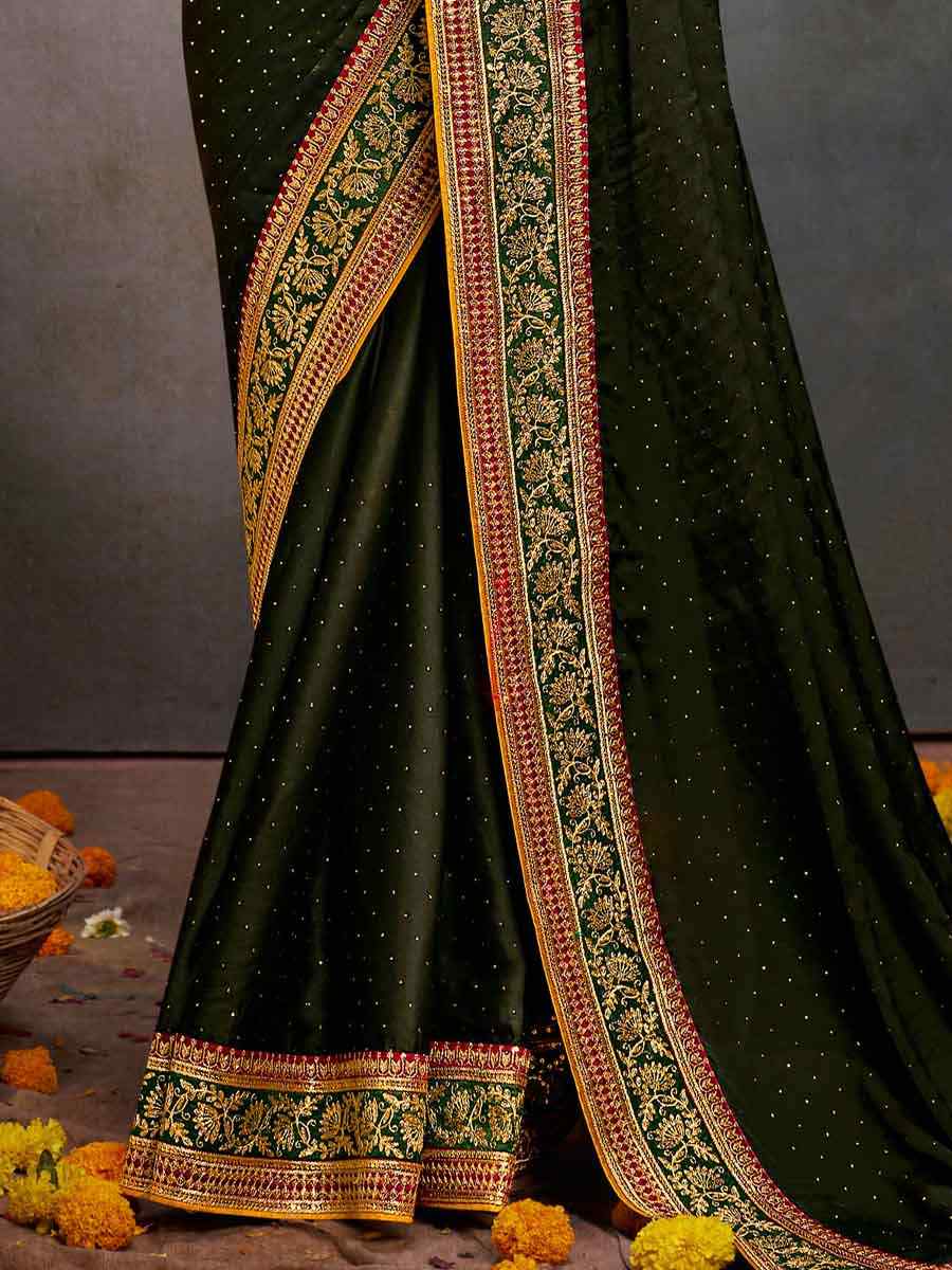 Mehendi Green Bsy Satin Embroidered Festival Wedding Heavy Border Saree