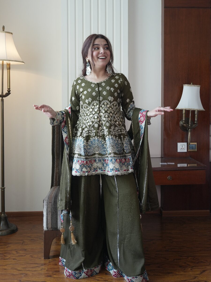 Mehendi Green Chinon Embroidery Sequins Wedding Party Festival Casual Ready Palazzo Pant Salwar Kameez