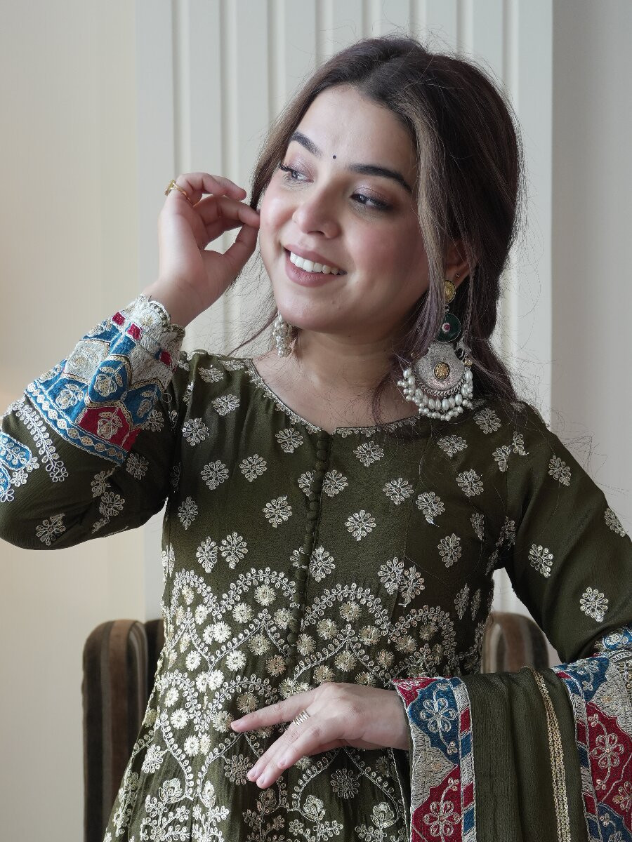 Mehendi Green Chinon Embroidery Sequins Wedding Party Festival Casual Ready Palazzo Pant Salwar Kameez
