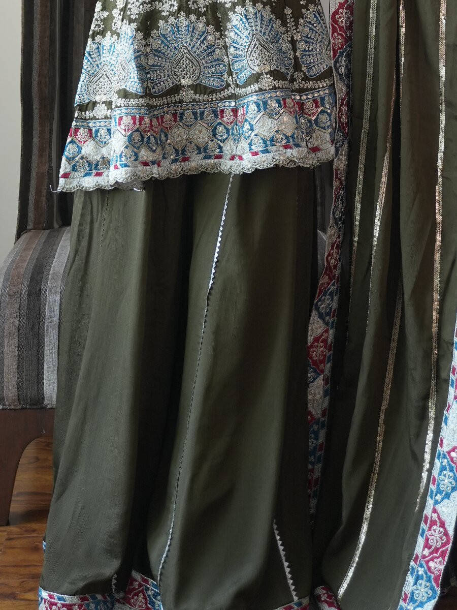 Mehendi Green Chinon Embroidery Sequins Wedding Party Festival Casual Ready Palazzo Pant Salwar Kameez