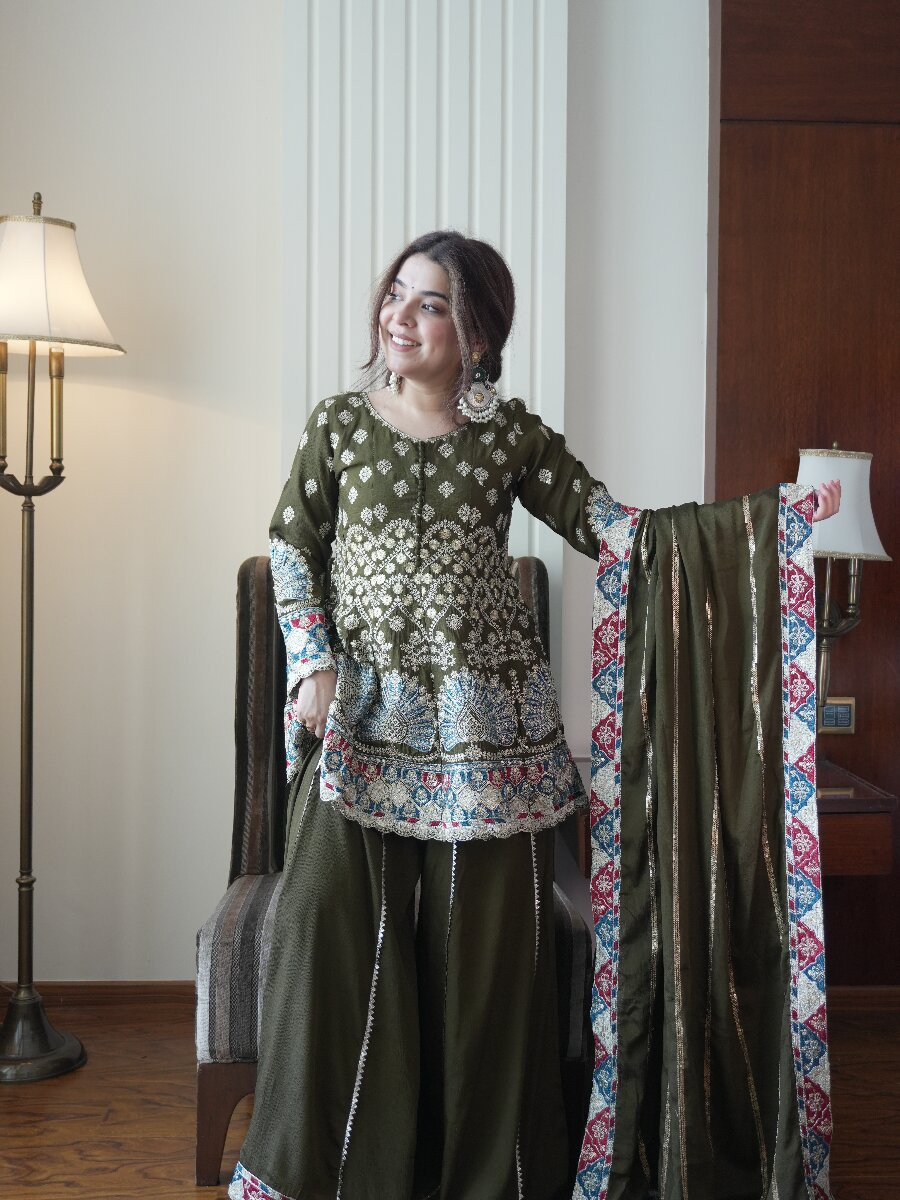 Mehendi Green Chinon Embroidery Sequins Wedding Party Festival Casual Ready Palazzo Pant Salwar Kameez