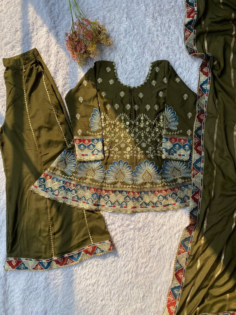 Mehendi Green Chinon Embroidery Sequins Wedding Party Festival Casual Ready Palazzo Pant Salwar Kameez