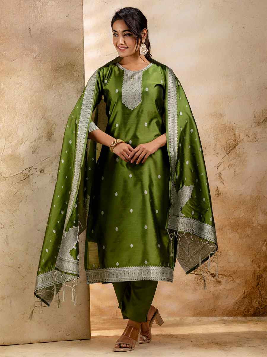 Mehendi Green Cotton Blend Embroidery Party Wedding Festival Casual Ready Pant Salwar Kameez