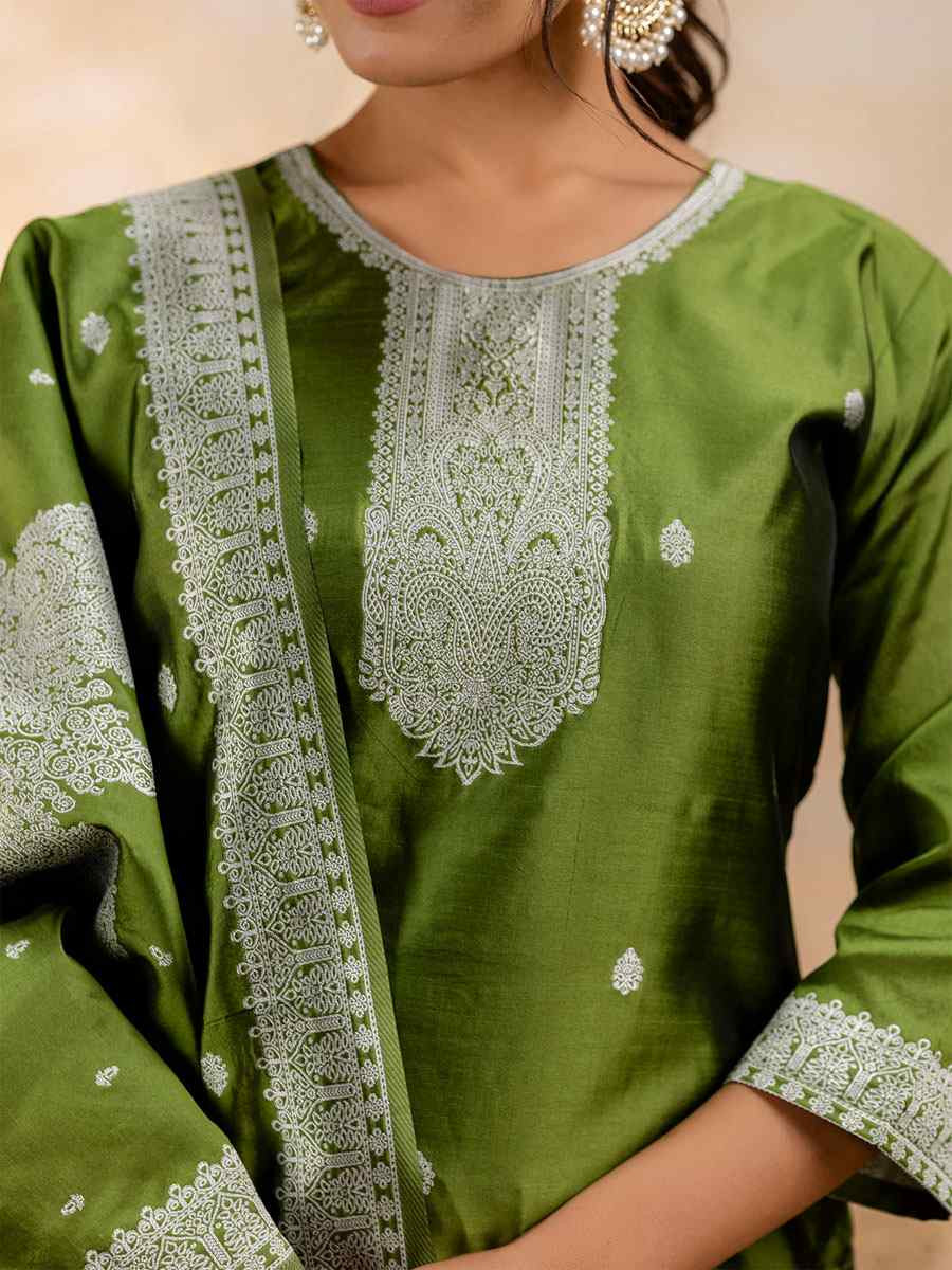 Mehendi Green Cotton Blend Embroidery Party Wedding Festival Casual Ready Pant Salwar Kameez