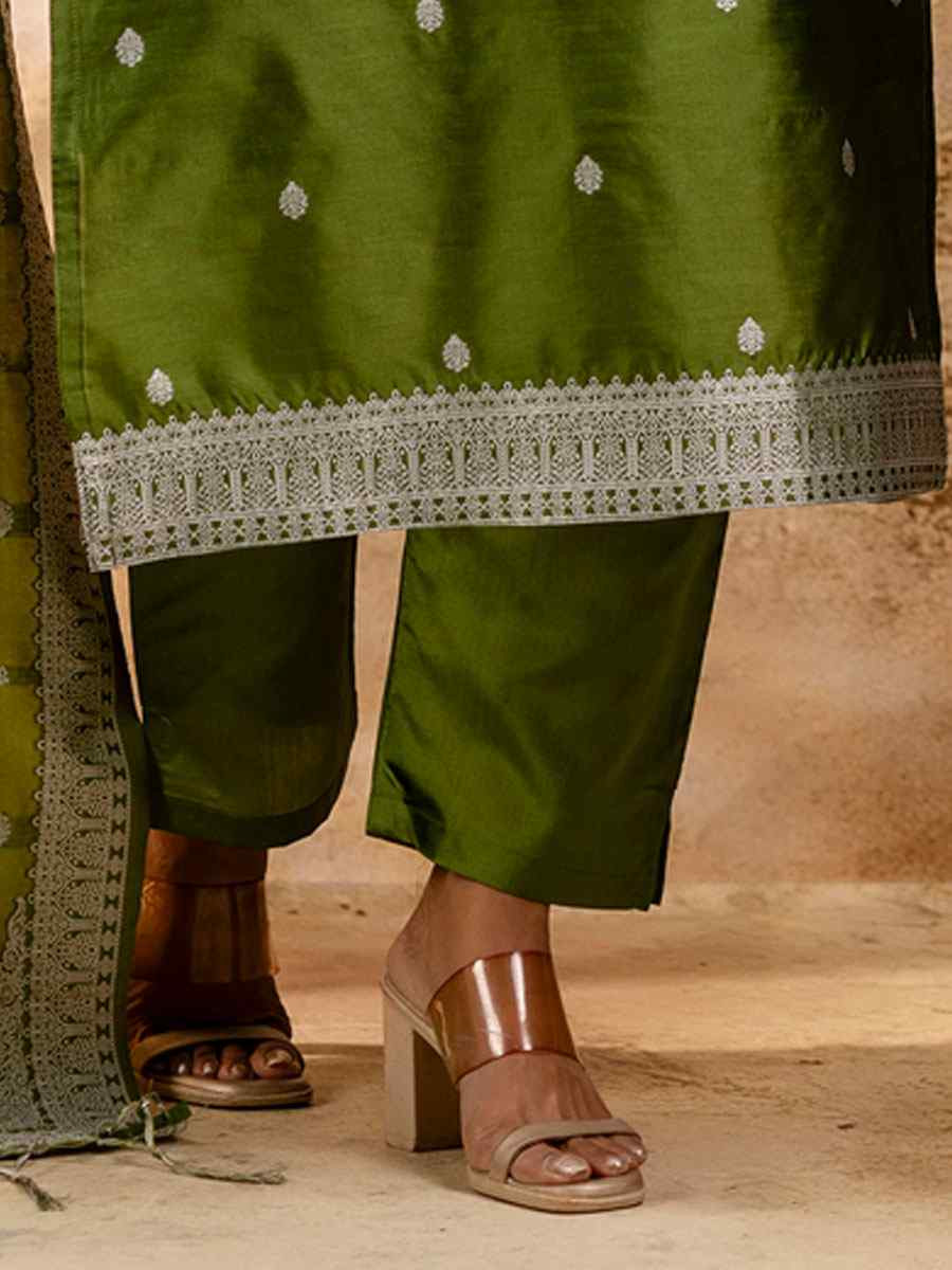 Mehendi Green Cotton Blend Embroidery Party Wedding Festival Casual Ready Pant Salwar Kameez