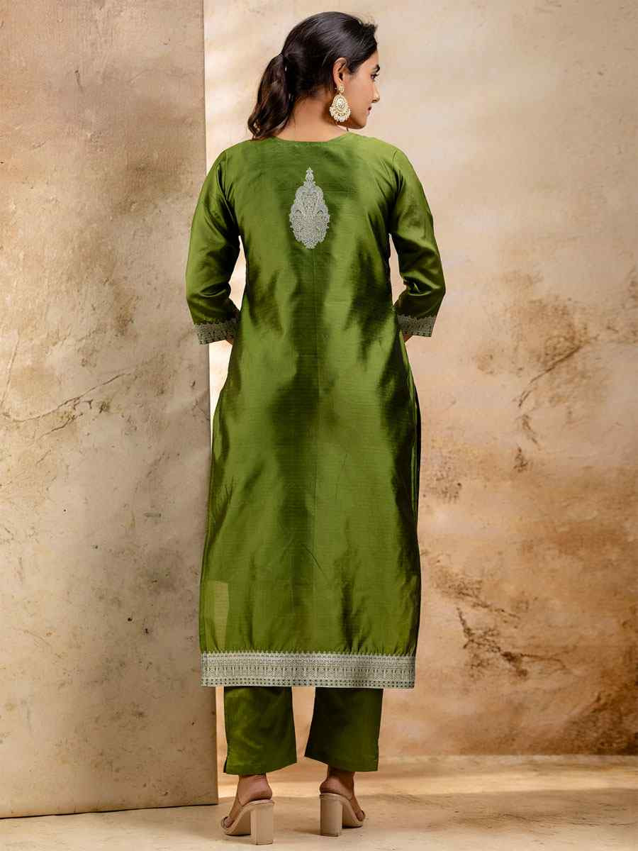 Mehendi Green Cotton Blend Embroidery Party Wedding Festival Casual Ready Pant Salwar Kameez