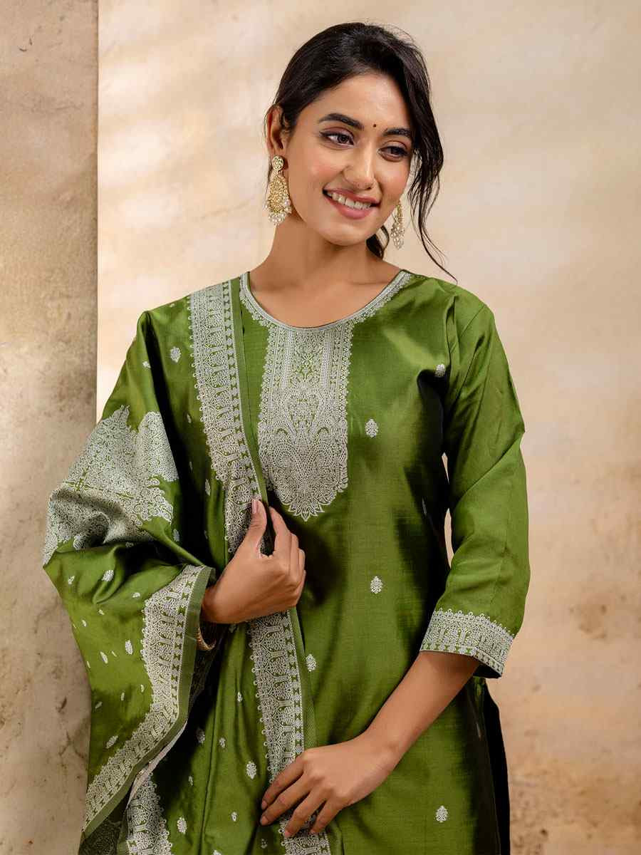 Mehendi Green Cotton Blend Embroidery Party Wedding Festival Casual Ready Pant Salwar Kameez