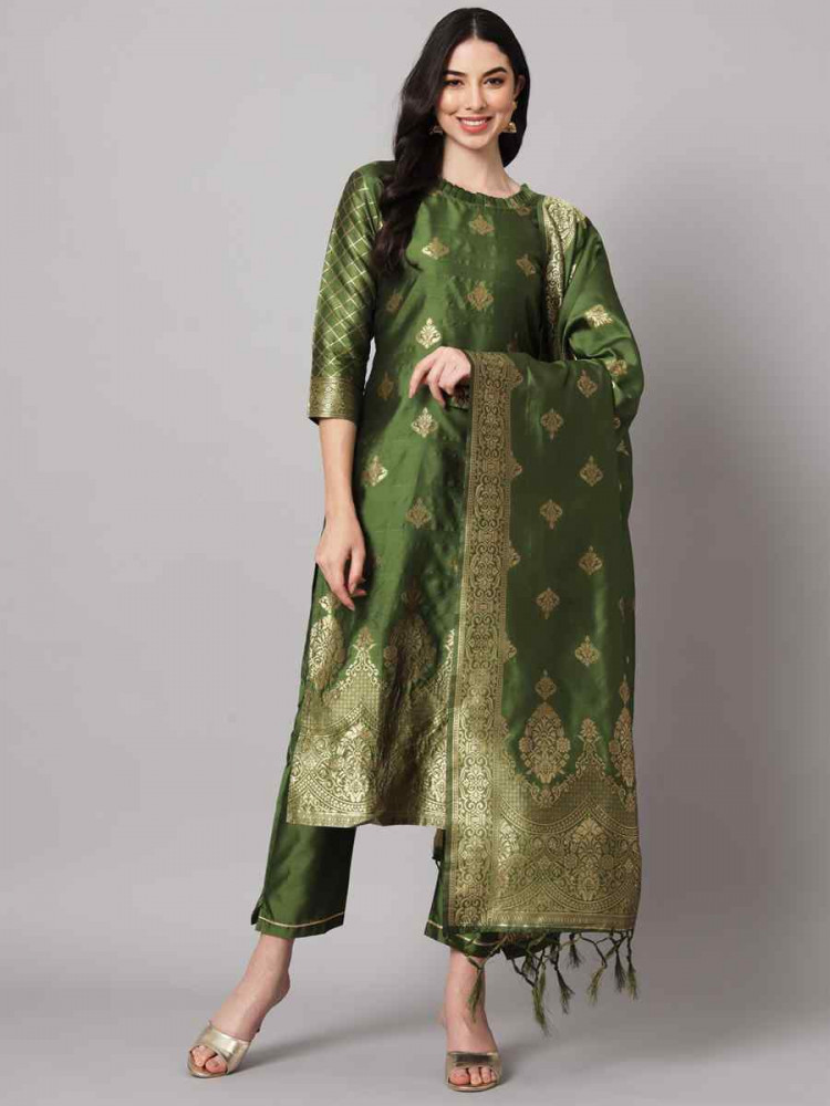 Image of Mehendi Green Cotton Silk Jacquard Handwoven Party Wedding Festival Casual Ready Pant Salwar Kameez