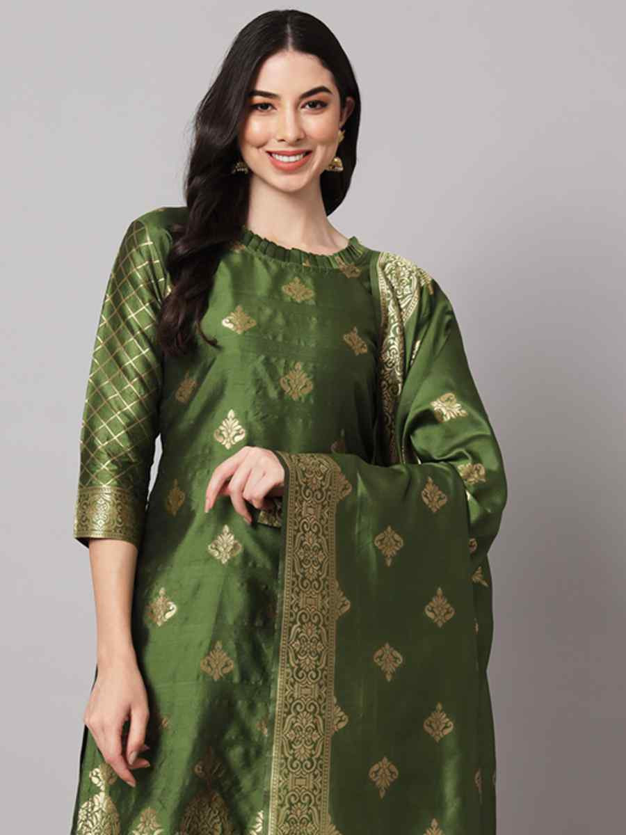 Mehendi Green Cotton Silk Jacquard Handwoven Party Wedding Festival Casual Ready Pant Salwar Kameez