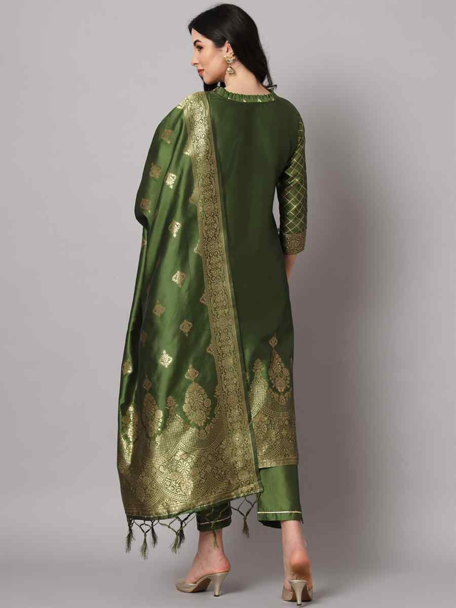 Mehendi Green Cotton Silk Jacquard Handwoven Party Wedding Festival Casual Ready Pant Salwar Kameez