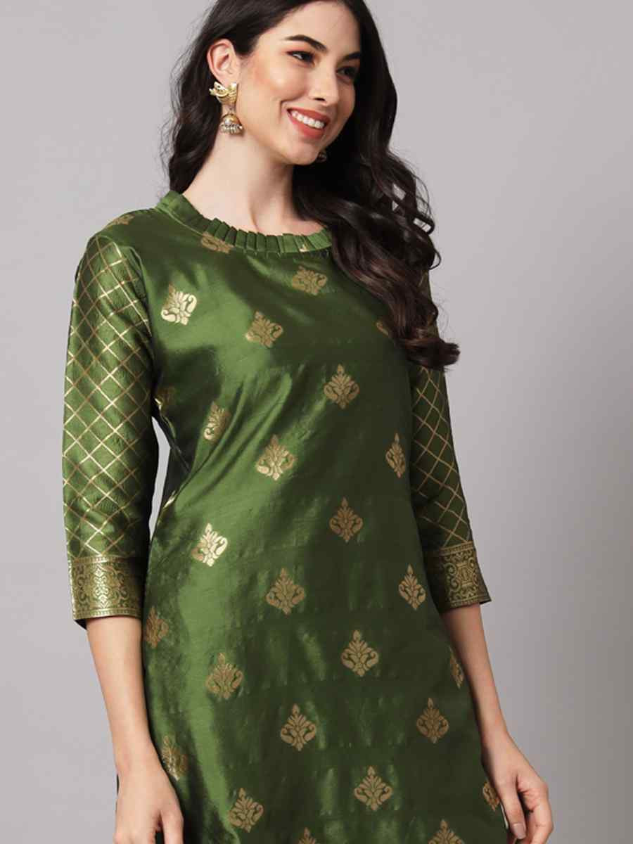Mehendi Green Cotton Silk Jacquard Handwoven Party Wedding Festival Casual Ready Pant Salwar Kameez