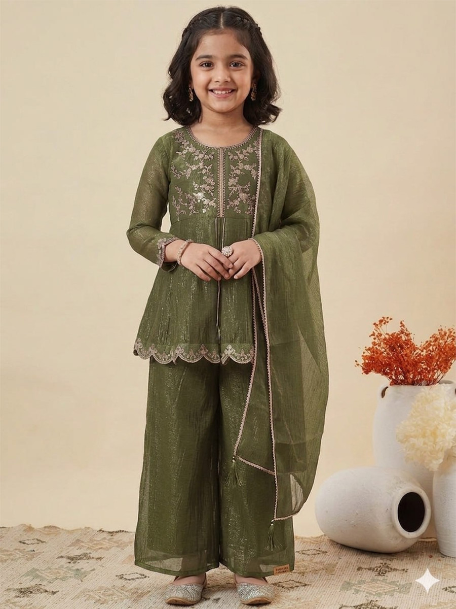 Mehendi Green Crunchy Silk Embroidered Ethnic Casual Festival Party Wedding Salwars Girls Wear