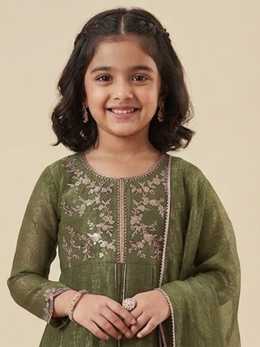Mehendi Green Crunchy Silk Embroidered Ethnic Casual Festival Party Wedding Salwars Girls Wear
