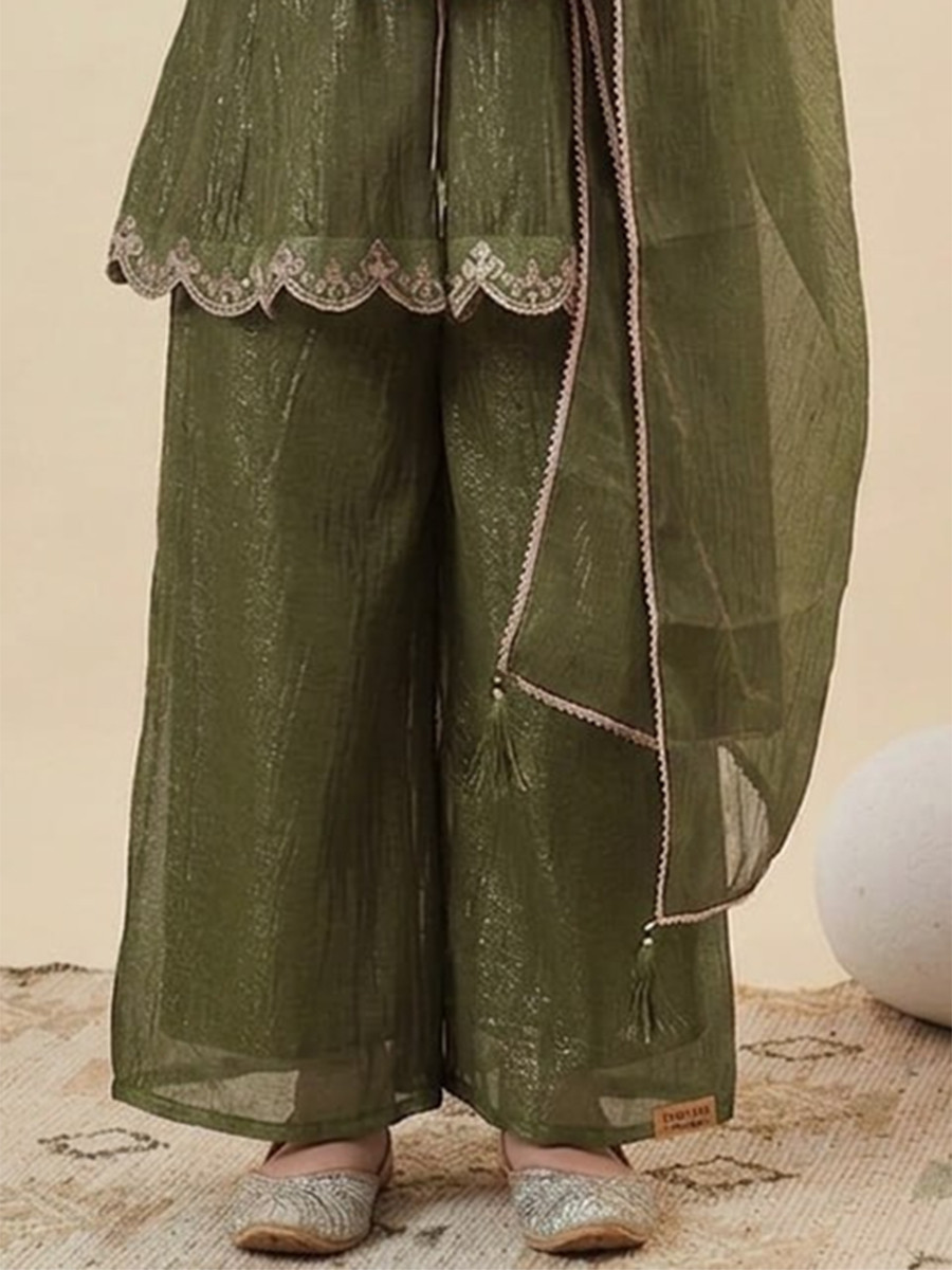 Mehendi Green Crunchy Silk Embroidered Ethnic Casual Festival Party Wedding Salwars Girls Wear