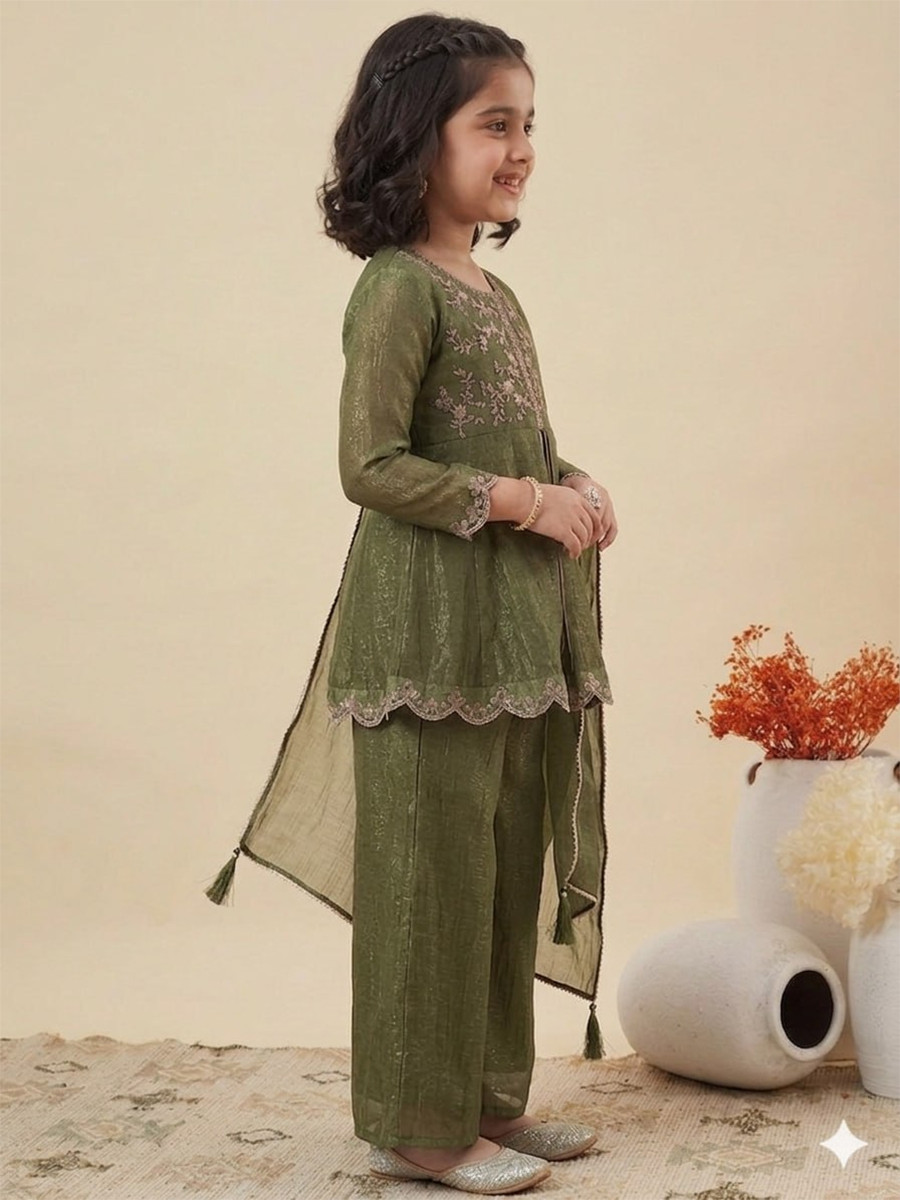 Mehendi Green Crunchy Silk Embroidered Ethnic Casual Festival Party Wedding Salwars Girls Wear