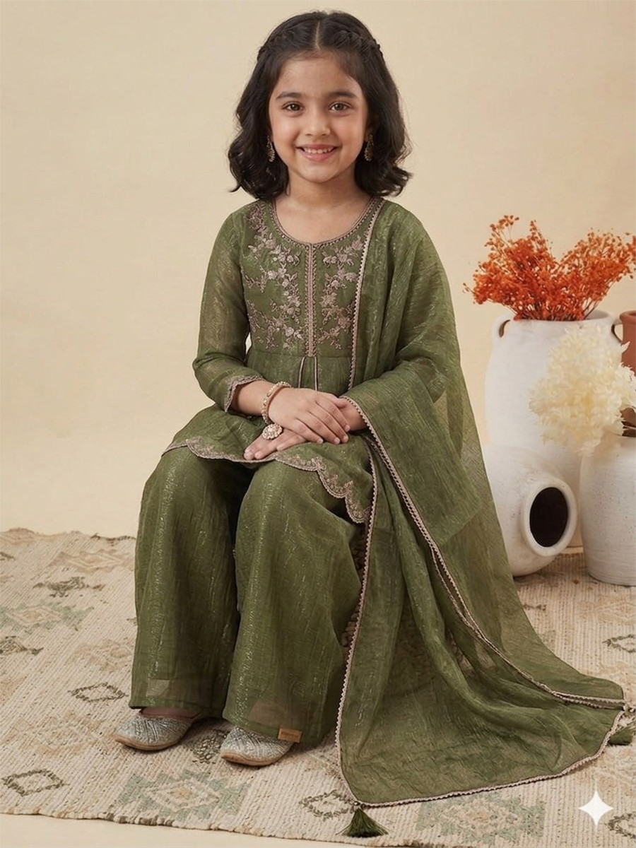 Mehendi Green Crunchy Silk Embroidered Ethnic Casual Festival Party Wedding Salwars Girls Wear
