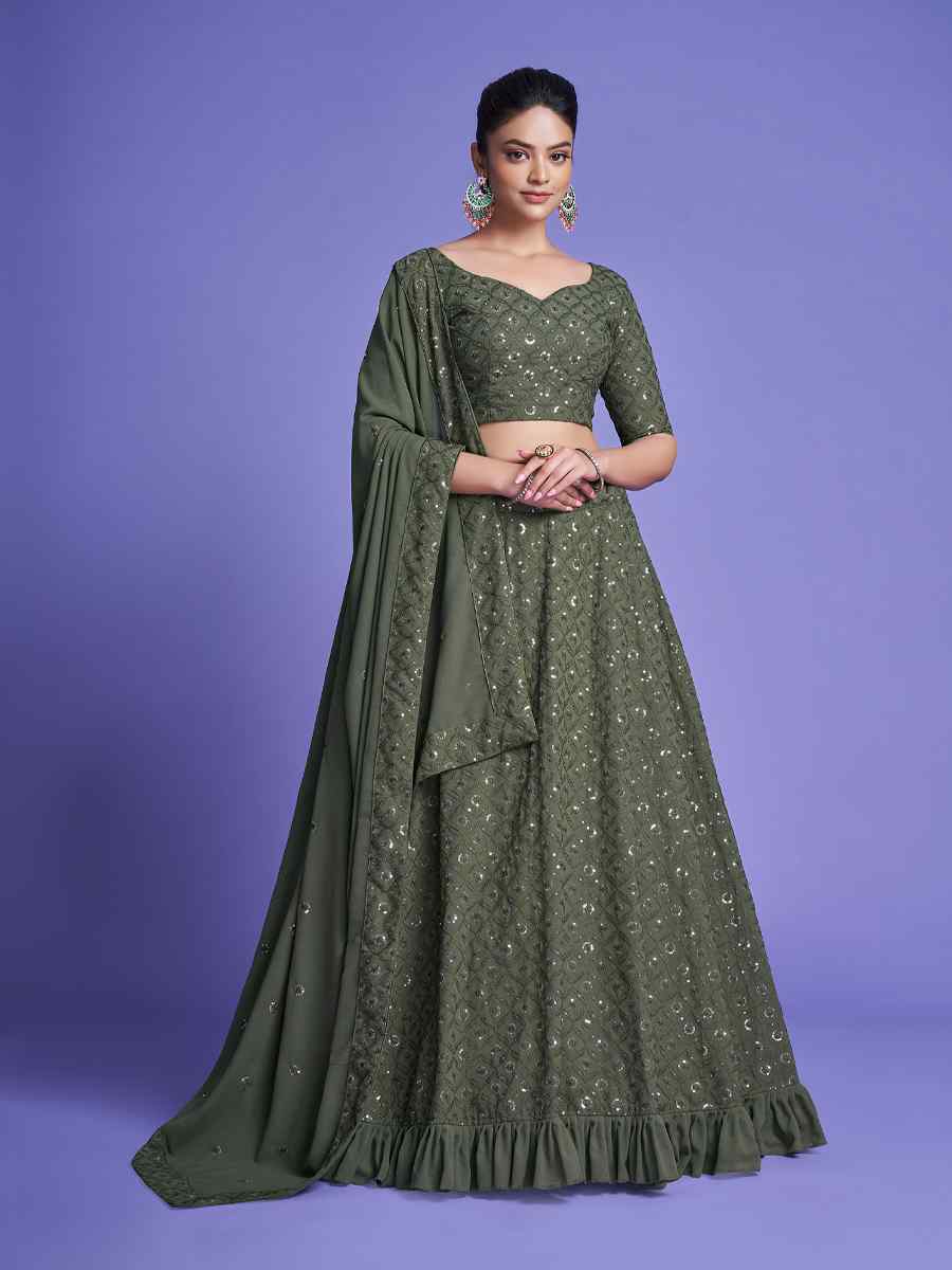 Mehendi Green Diamond Georgette Embroidered Festival Wedding Circular Lehenga Choli