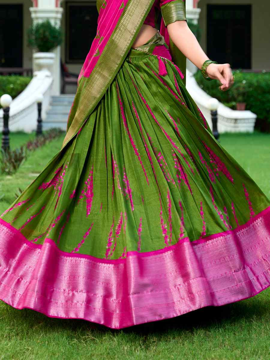 Mehendi Green Dola Silk Printed And Hand Embroidered Party Reception Wedding Lehenga Choli