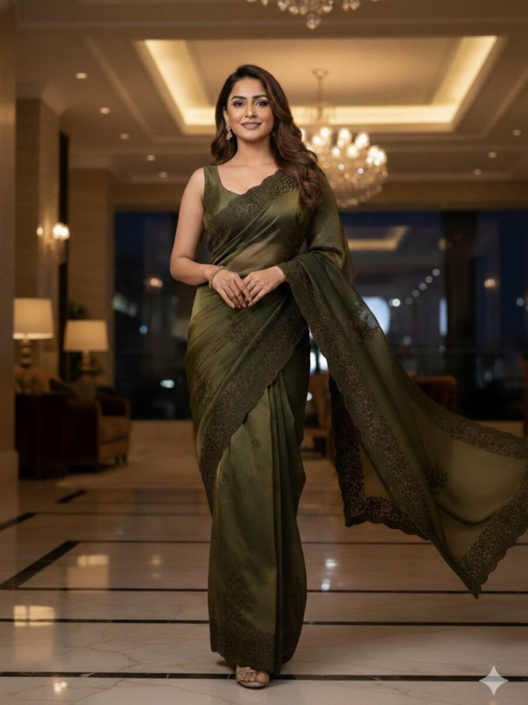 Image of Mehendi Green Fandy Satin Embroidery Wedding Reception Party Casual Heavy Border Sarees