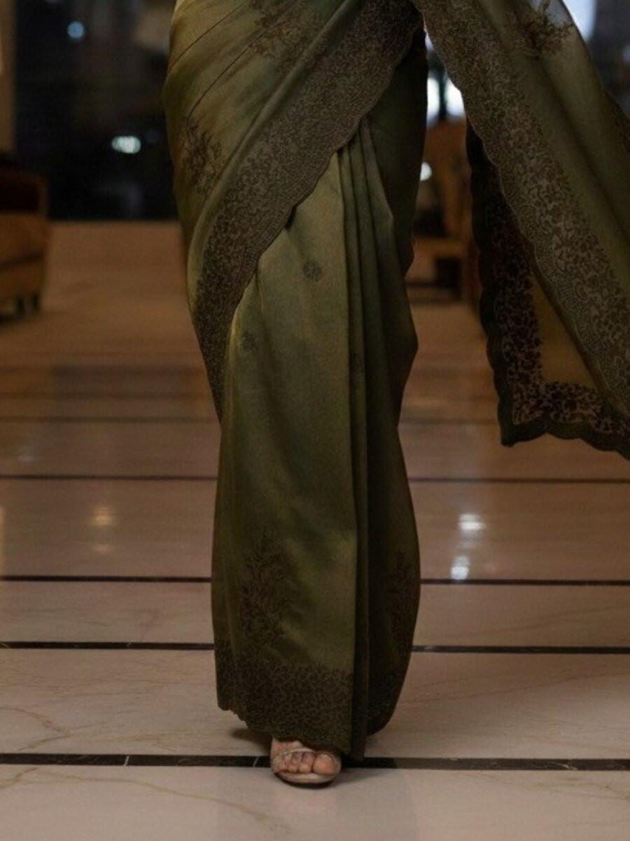 Mehendi Green Fandy Satin Embroidery Wedding Reception Party Casual Heavy Border Sarees