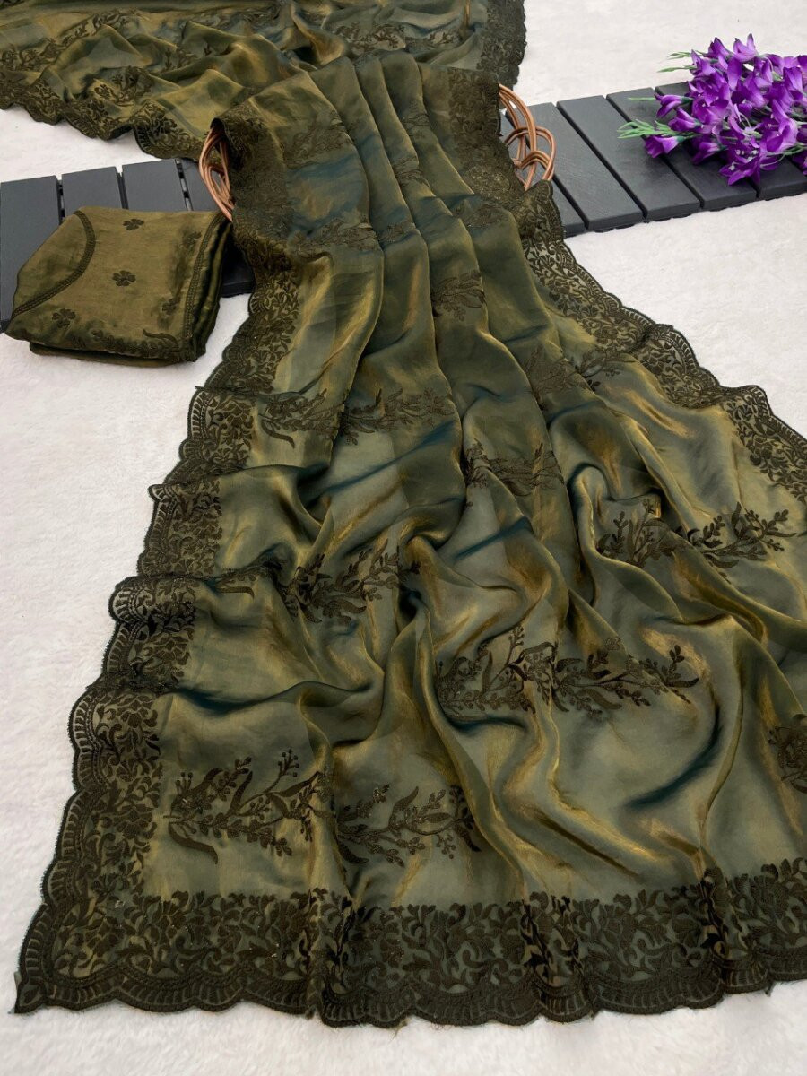 Mehendi Green Fandy Satin Embroidery Wedding Reception Party Casual Heavy Border Sarees